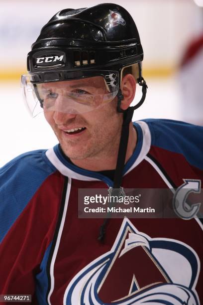 Adam Foote of the Colorado Avalanche skates against the Phoenix Coyotes at the Pepsi Center on February 12, 2010 in Denver, Colorado. The Avalanche...