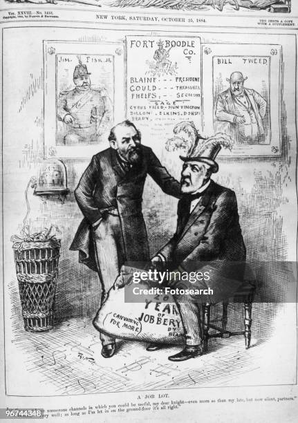 Political cartoon by Thomas Nast with the caption 'A Job Lot' The cartoon depicts Gould as the corrupt and mighty manipulator of Blaine. Here, Gould...