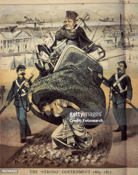 Political cartoon with the caption 'The 'Strong' Government 1869-1877,' which appeared in Puck magazine. The solid South staggers under the weight of...