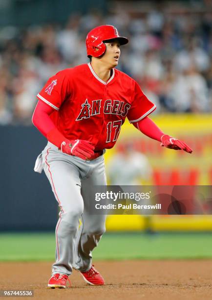 Rookie Pitcher Shohei Ohtani of the Los Angeles Angels takes a lead off of second base in an MLB baseball game against the New York Yankees on May...