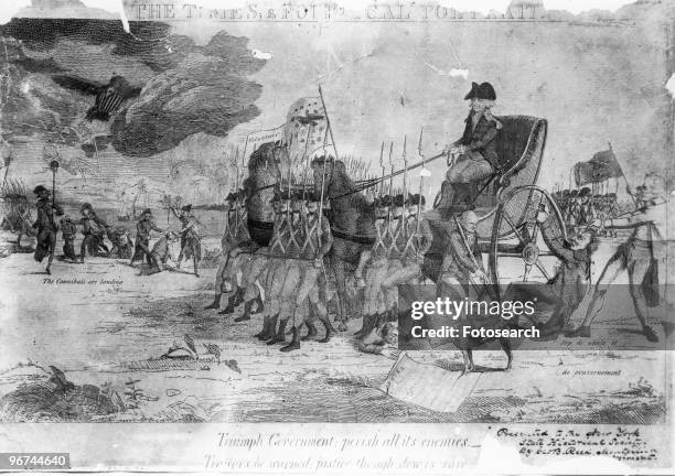 Cartoon captioned 'Triumph Government - perish all its enemies,' depicting Thomas Jefferson attempting to slow down President George Washington's...