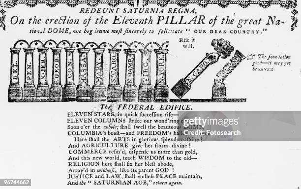 Woodcut, 'Redeunt Saturnia Regna, On the Erection of the Eleventh Pillar of the great National Dome, we beg leave most sincerely felicitate 'our dear...