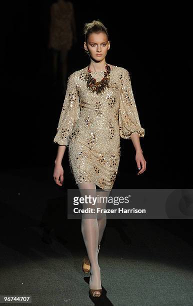 Model walks the runway at the Badgley Mischka Fall 2010 Fashion Show during Mercedes-Benz Fashion Week at The Tent at Bryant Park on February 16,...