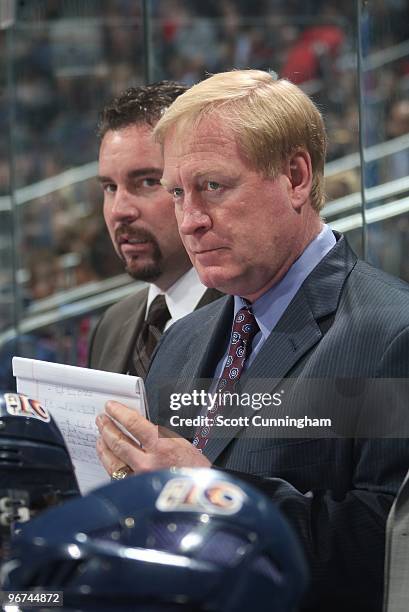 Head Coach John Anderson and Assistant Coach Todd Nelson of the Atlanta Thrashers watch the play against the Tampa Bay Lightning at Philips Arena on...