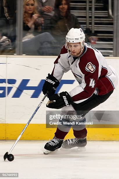 John-Michael Liles of the Colorado Avalanche skates during a game against the Los Angeles Kings on February 13, 2010 at Staples Center in Los...