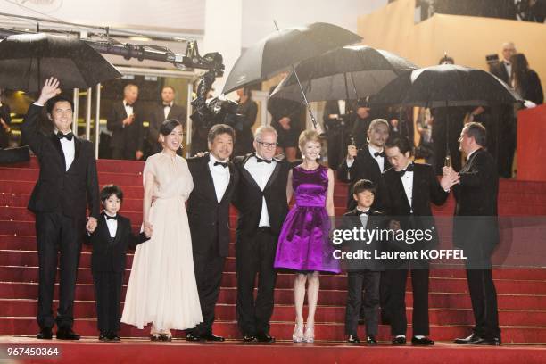 Masaharu Fukuyama, Keita Ninomiya, Machiko Ono, Hirokazu Koreeda, Yoko Maki, Shogen Whang, and Lily Franky attend the Premiere of 'Soshite Chichi Ni...