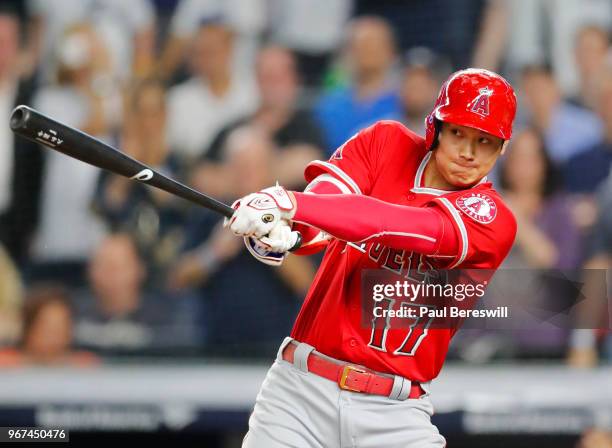 Rookie Pitcher Shohei Ohtani of the Los Angeles Angels bats in an MLB baseball game against the New York Yankees on May 25, 2018 at Yankee Stadium in...