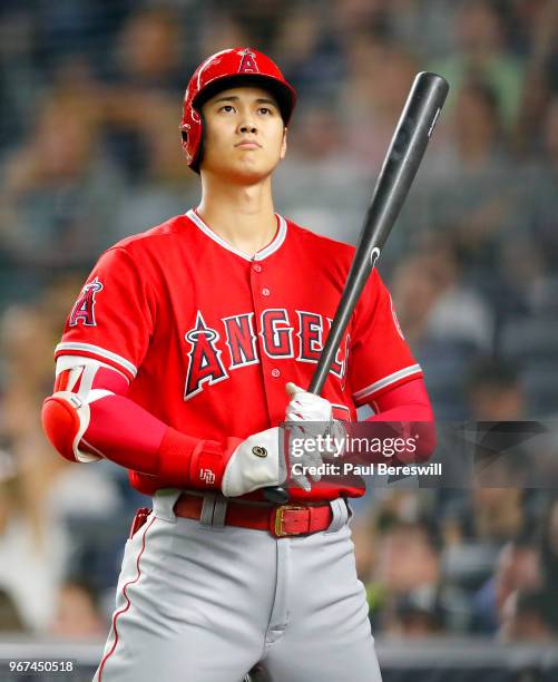 Rookie Pitcher Shohei Ohtani of the Los Angeles Angels prepares to bat in an MLB baseball game against the New York Yankees on May 25, 2018 at Yankee...