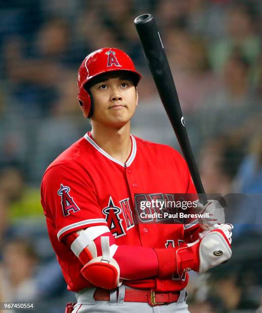 Rookie Pitcher Shohei Ohtani of the Los Angeles Angels prepares to bat in an MLB baseball game against the New York Yankees on May 25, 2018 at Yankee...