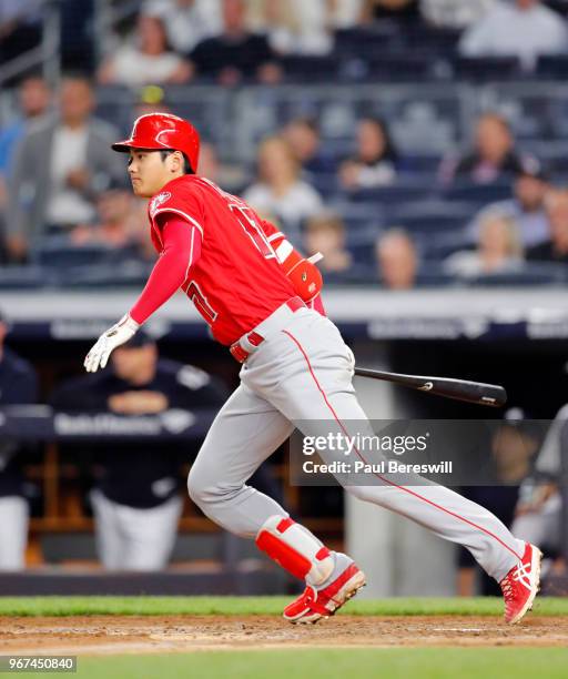 Rookie Pitcher Shohei Ohtani of the Los Angeles Angels bats in an MLB baseball game against the New York Yankees on May 25, 2018 at Yankee Stadium in...