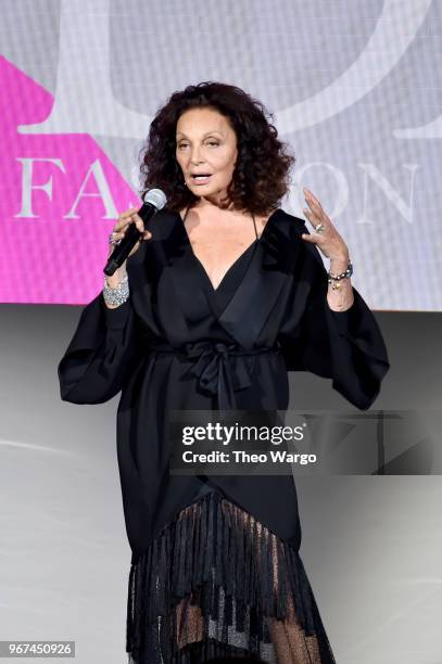 Designer Diane Von Furstenberg speaks onstage during the 2018 CFDA Fashion Awards at Brooklyn Museum on June 4, 2018 in New York City.