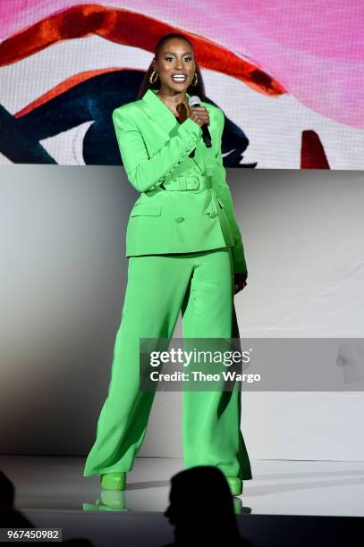 Issa Rae speaks onstage during the 2018 CFDA Fashion Awards at Brooklyn Museum on June 4, 2018 in New York City.