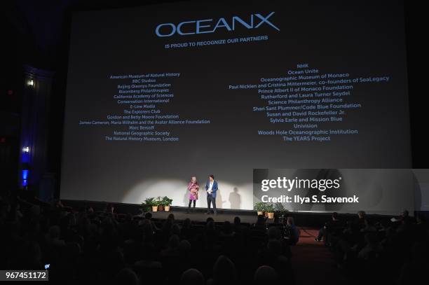 Producer, "Blue Planet II," Orla Doherty and OceanX Media Founder and Creative Director Mark Dalio speak onstage during the Launch Of OceanX, a bold...