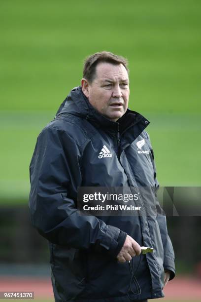 All Black coach Steve Hansen during a New Zealand All Blacks training session on June 5, 2018 in Auckland, New Zealand.