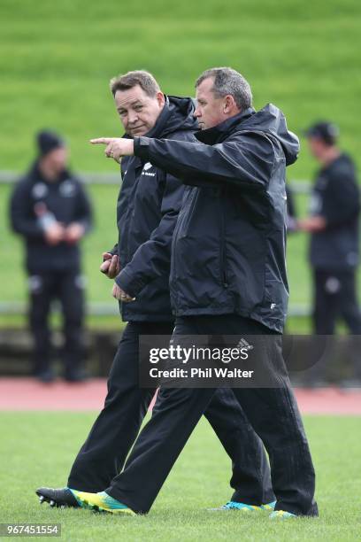 All Black coach Steve Hansen and assistant coach Ian Foster during a New Zealand All Blacks training session on June 5, 2018 in Auckland, New Zealand.