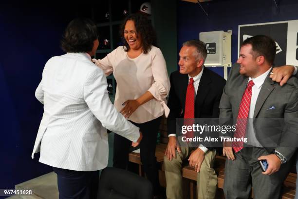 Anthony Seigler celebrates with his family after being selected 23rd overall by the New York Yankees during the 2018 Major League Baseball Draft at...