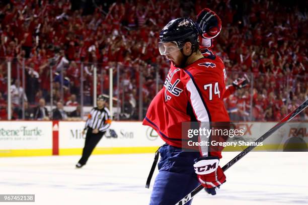 John Carlson of the Washington Capitals celebrates his second-period goal against the Vegas Golden Knights in Game Four of the 2018 NHL Stanley Cup...