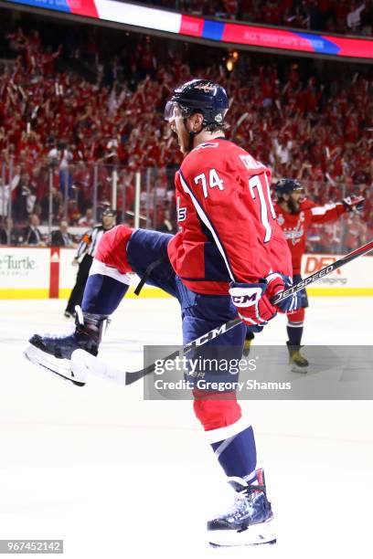 John Carlson of the Washington Capitals celebrates his second-period goal against the Vegas Golden Knights in Game Four of the 2018 NHL Stanley Cup...