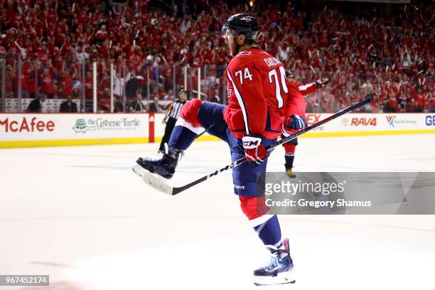 John Carlson of the Washington Capitals celebrates his second-period goal against the Vegas Golden Knights in Game Four of the 2018 NHL Stanley Cup...