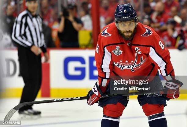 Alex Ovechkin of the Washington Capitals lines up for a face-off during the second period against the Vegas Golden Knights in Game Four of the...