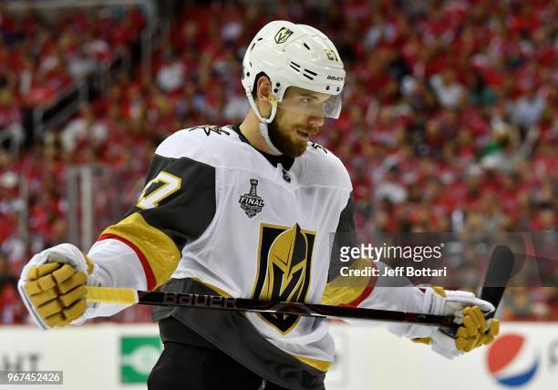 Shea Theodore of the Vegas Golden Knights skates during a break in action during the second period against the Washington Capitals in Game Four of...