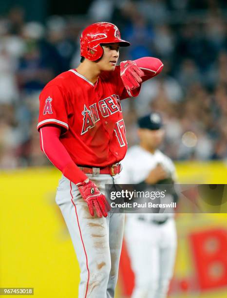 Rookie Pitcher Shohei Ohtani of the Los Angeles Angels reacts in an MLB baseball game against the New York Yankees on May 25, 2018 at Yankee Stadium...