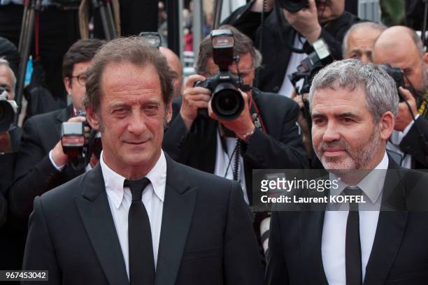 Le réalisateur Stephane Brize et l'acteur Vincent Lindon lors de la première du film 'La glace et le ciel' et de la cérémonie de clôture du 68eme...