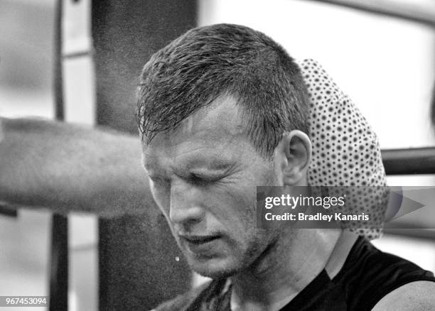 Jeff Horn is sprayed with water to help him cool down during a training session on June 4, 2018 in Las Vegas, Nevada.