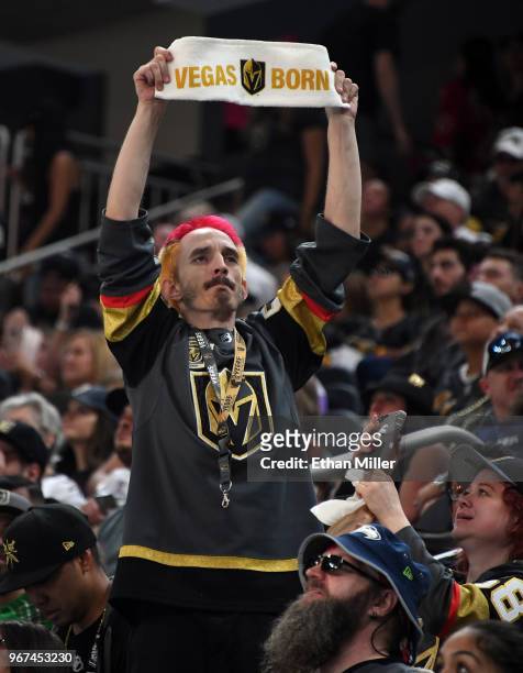 Vegas Golden Knights fan Jay Bryant-Chavez holds up a towel during a Golden Knights road game watch party for Game Four of the 2018 NHL Stanley Cup...