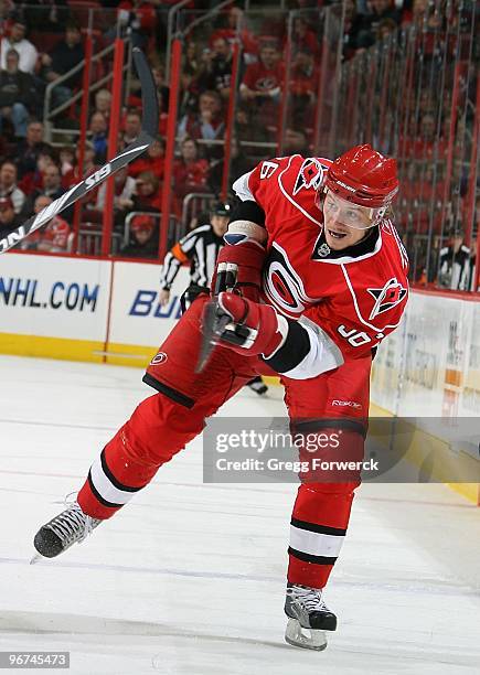 Jussi Jokinen of the Carolina Hurricanes takes a shot on goal during a NHL game against the Florida Panthers on February 9, 2010 at RBC Center in...