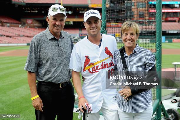 Defending PGA Champion, Justin Thomas poses with his mother, Jani and father, Mike Thomas after taking batting practice during the 2018 PGA...