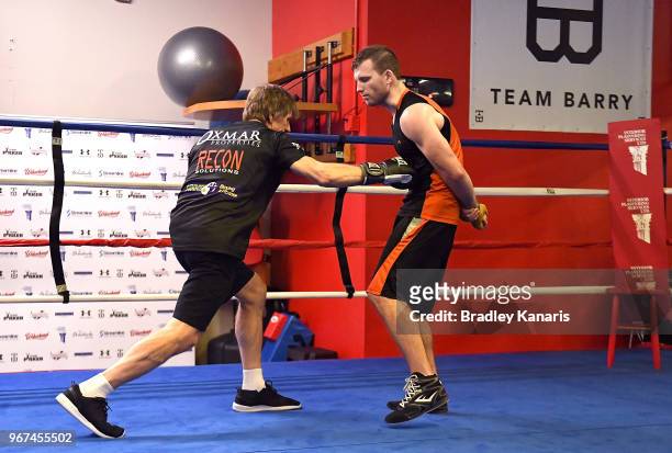 Jeff Horn does conditioning work with trainer Glenn Rushton during a training session on June 4, 2018 in Las Vegas, Nevada.