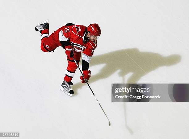 Tuomo Ruutu of the Carolina Hurricanes shoots the puck during a NHL game against the Florida Panters on February 9, 2010 at RBC Center in Raleigh,...