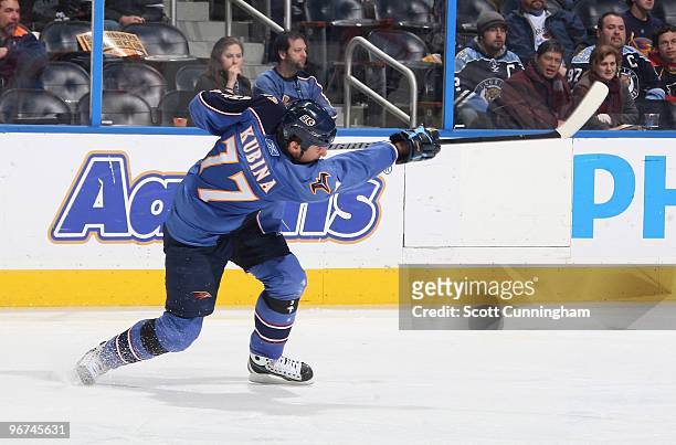 Pavel Kubina of the Atlanta Thrashers fires a shot against the Florida Panthers at Philips Arena on February 6, 2010 in Atlanta, Georgia.