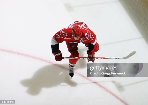 Rod Brind'Amour of the Carolina Hurricanes skates for position on the ice during a NHL game against the Florida Panthers on February 9, 2010 at RBC...