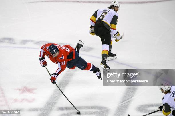 Washington Capitals center Lars Eller is tripped by Vegas Golden Knights defenseman Colin Miller in the first period resulting in a penalty on June 4...