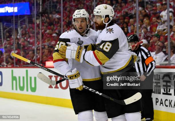 James Neal of the Vegas Golden Knights celebrates with teammates after scoring a goal during the third period against the Washington Capitals in Game...