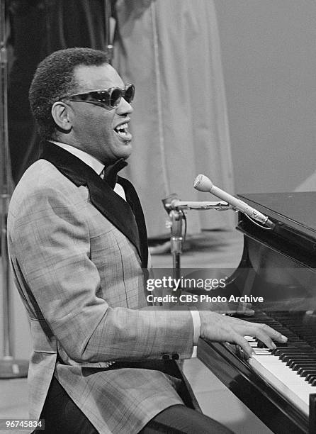 American musician Ray Charles performs on an episode of the television comedy & variety program 'The Carol Burnett Show,' Los Angeles, California,...