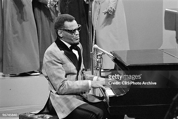 American musician Ray Charles performs on an episode of the television comedy & variety program 'The Carol Burnett Show,' Los Angeles, California,...