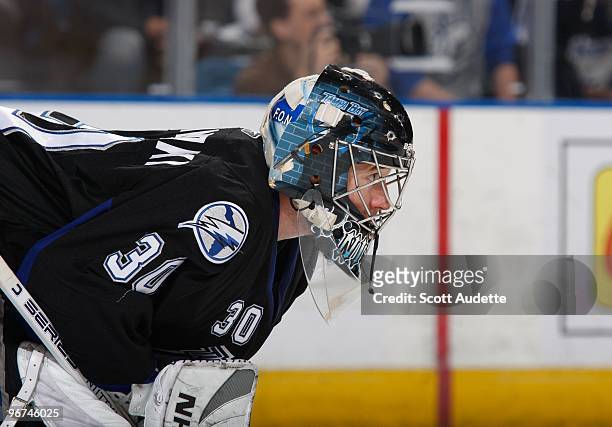 Goaltender Antero Niittymaki of the Tampa Bay Lightning defends the goal against the Vancouver Canucks at the St. Pete Times Forum on February 9,...