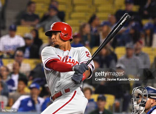 Aaron Altherr of the Philadelphia Phillies at bat in the game against the Los Angeles Dodgers at Dodger Stadium on May 30, 2018 in Los Angeles,...