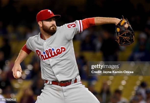 Drew Hutchison of the Philadelphia Phillies pitches in the game against the Los Angeles Dodgers at Dodger Stadium on May 30, 2018 in Los Angeles,...