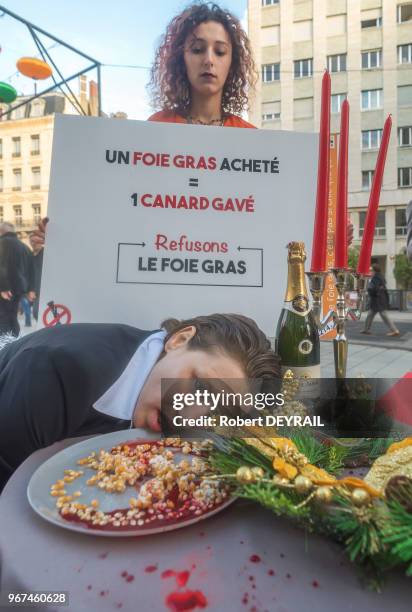 Pour l'organisation de défense des animaux L214, ce happening est l'occasion de montrer aux consommateurs les dessous de la production de foie gras :...