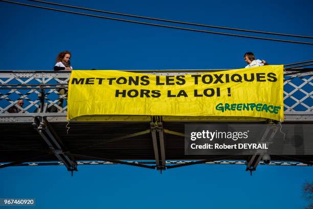 Des militants de GREENPEACE déploye une banderole 'mettons les toxiques hors la loi' le 18 Février 2017, Lyon, France.