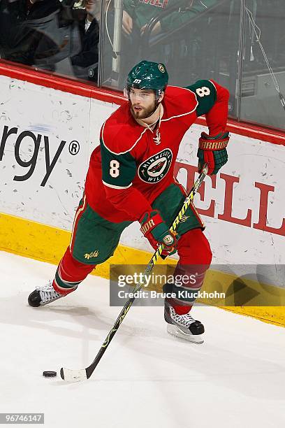 Brent Burns of the Minnesota Wild handles the puck against the Atlanta Thrashers during the game at the Xcel Energy Center on February 12, 2010 in...