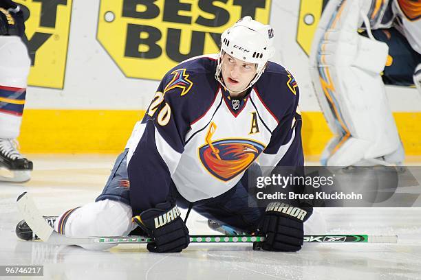 Colby Armstrong of the Atlanta Thrashers warms up prior to the game against the Minnesota Wild during the game at the Xcel Energy Center on February...