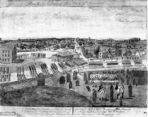 Engraving depicting 'A view of the Town of Concord.' The battles of Lexington and Concord were the first military engagements of the American...
