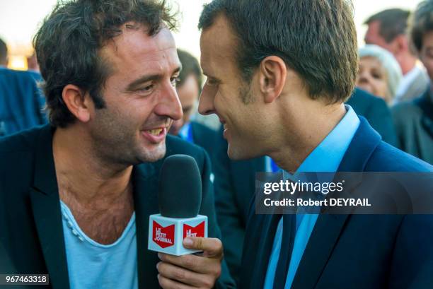 Emmanuel Macron interviewé par le journaliste de Canal Plus Cyril Eldin lors du Sommet des réformistes européens, organisé au Musée des Confluences...