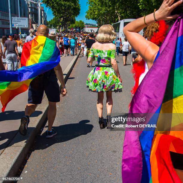 Travestis participant à la 22ème édition de la Gaypride qui a rassemblé 15 000 personnes dans les rues de Lyon le 17 juin 2017, France.