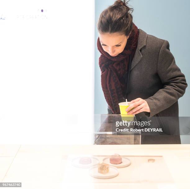 Un femme observe une réalisation culinaire exposée au 30 ème Salon International de la Restauration de l'Hotelerie et de l'Alimentation à Eurexpo le...